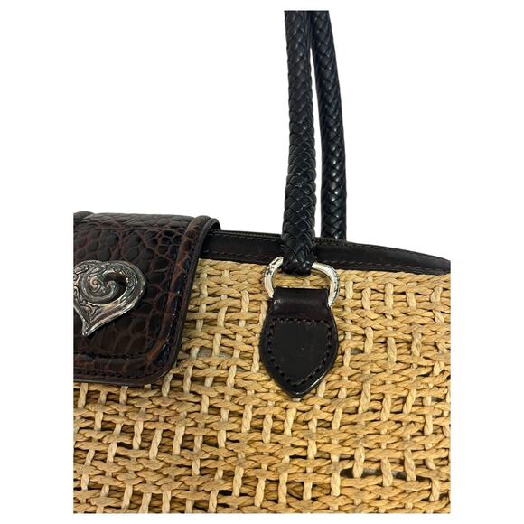 VTG Brighton Purse Brown Leather Straw Woven Double Handle Heart Boho 90s Y2K - Picture 10 of 16